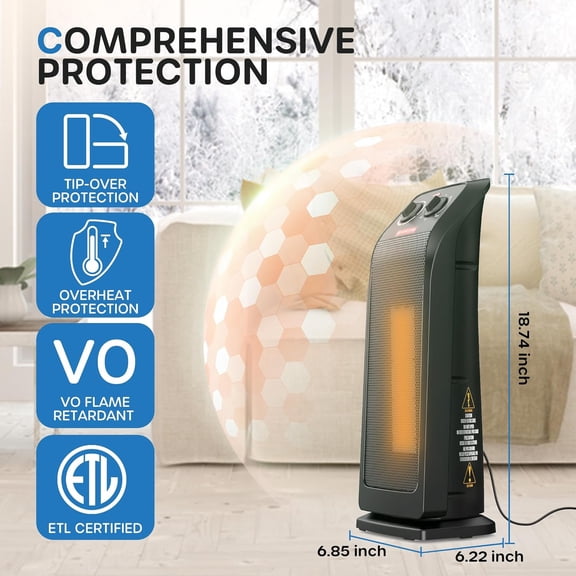 1500W Fast Heating Ceramic Electric  with Thermostat, 18" Tower  for Indoor Use, 3 Modes, Tip-Over Protection, 60 Oscillating Portable Space  for Office Bedroom EHT180