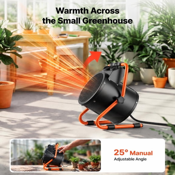1500W Greenhouse Heater, Fast Warming Portable Fan Heater with 2 Heat Modes, 25 Adjustable Angle, Overheat Protection, for Grow Tents, Sheds, Garage, Workshop, Winter Indoor Use, Compact Space Heate