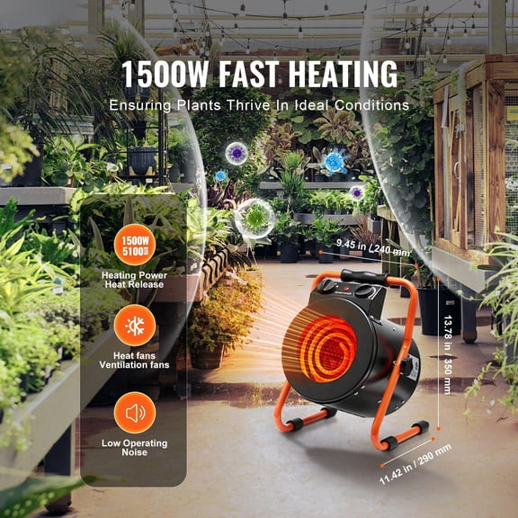 1500W Greenhouse Heater with Thermostat Overheat Protection 2 Speed Setting Fast Heating Electric Portable Fan Heater for Grow Tent Flower Room Workplace