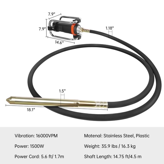 1500W Handheld Concrete Vibrator 16000VPM 177 Inch Stainless Steel Rod Portable Hand Compactor Concrete Vibrating Tool for Construction