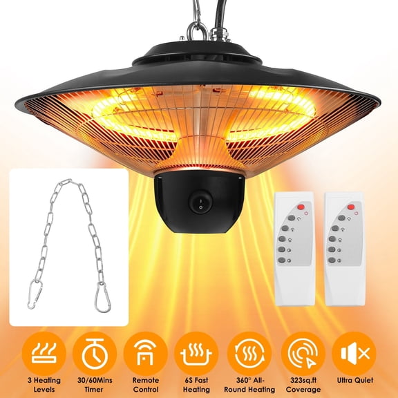 TeqHome 1500W Hanging Patio Heater for Outdoor Use Ceiling Mounted Electric Heater 3 Heating Levels IP23 Waterproof 30/60Mins Timer Remote Control Black