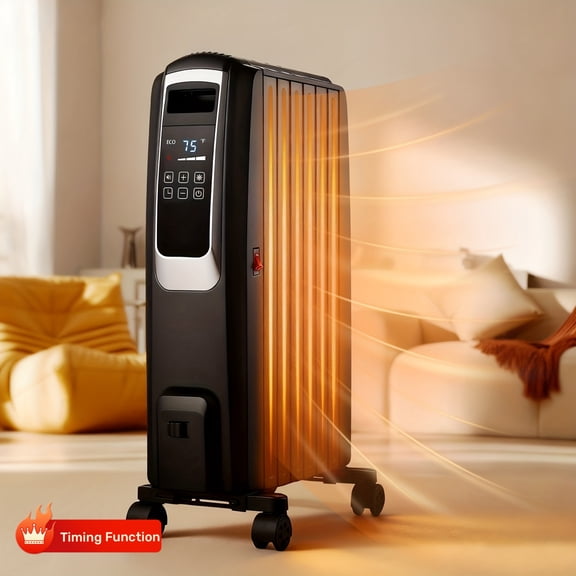 1500W Oil-Filled Electric Space Heater Quiet ECO Smart 24H Timer Digital Thermostat Overheat Tip-Over Protection Portable Plug-in Heater Home Office Bedroom Living Room 120V