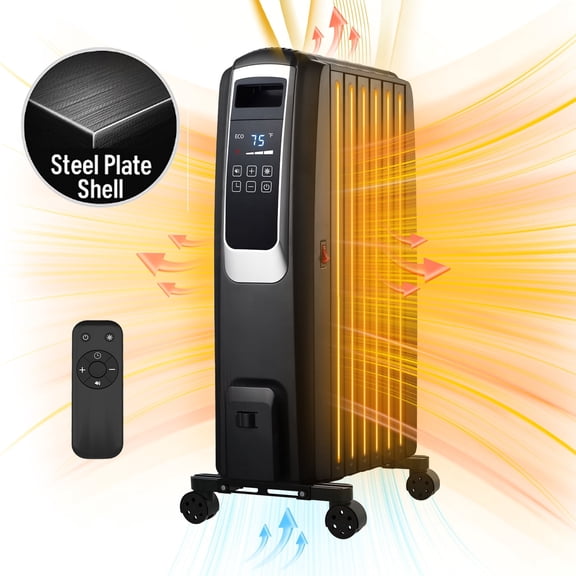 1500W Oil Filled Radiator Heater with Thermostat & ECO Mode, 26Inch Steel Quiet Portable Indoor Space Heater with Remote Control, 24H Timer, Tip-Over & Overheat Protection