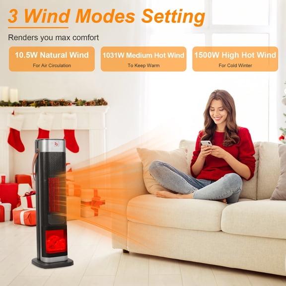1500W Oscillating Tower Heater with 3D Flame Effect & Remote Control, 90 Wide Heat, 12H Timer, Overheat & Tip-Over Protection for Bedroom, Office, Large Room