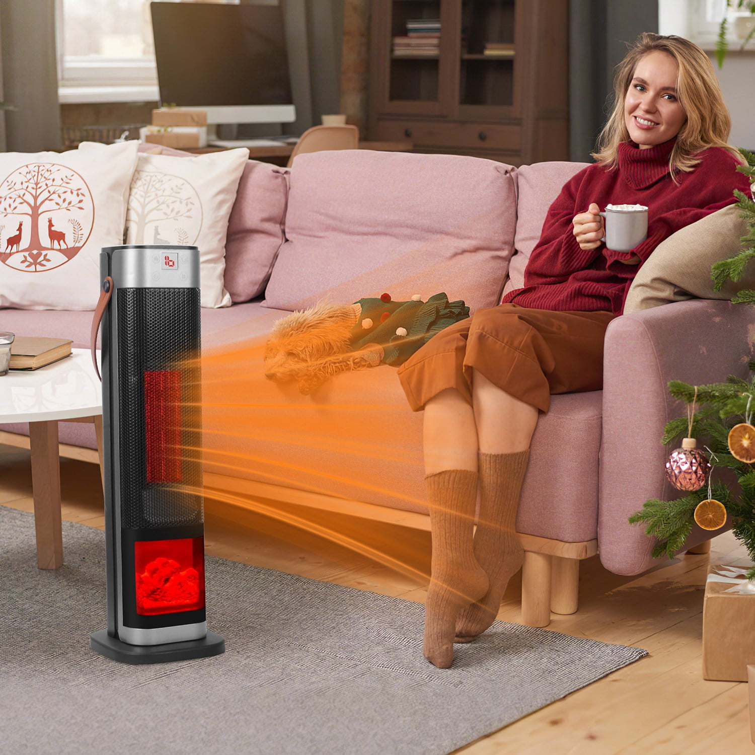 1500W Oscillating Tower Space Heater with 3D Flame, 90°Wide-Angle 323 Sq.Ft Heater with 1℃ Precision Thermostat & Remote, Overheat/Tip-Over Protection Portable Heater for Home Bedroom Office