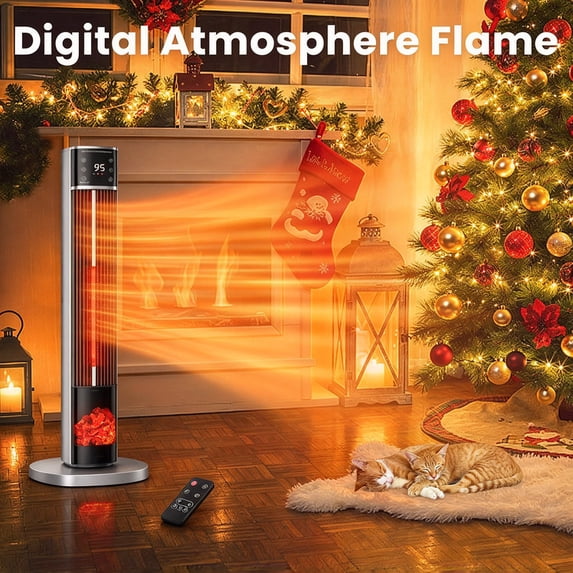 1500W Oscillating Tower Space Heater with 3D Flame Effect, Remote ...
