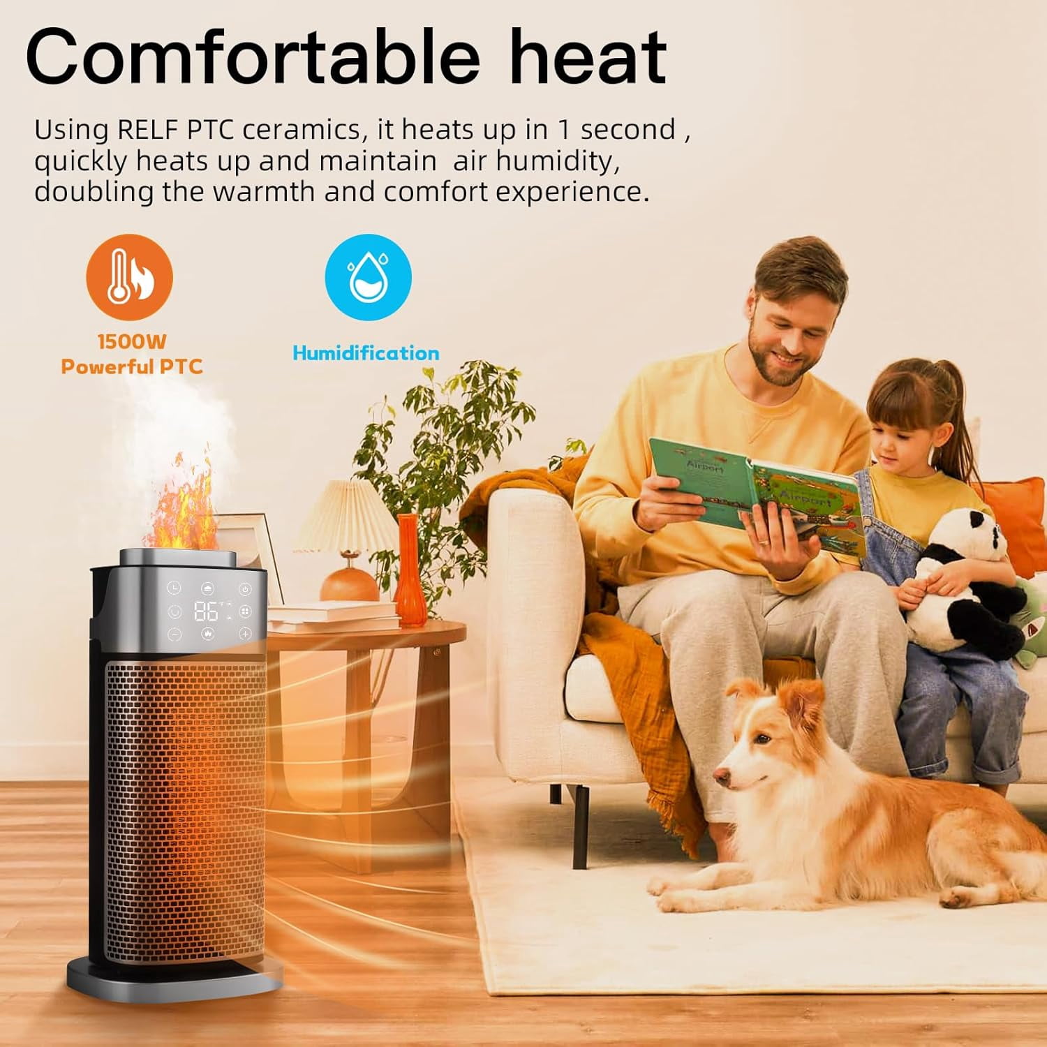 1500W PTC Ceramic Space with Humidifier - 70 ° Oscillation, Remote Control, Mode, Timer, and Tip-Over - Quiet and Efficient for Home or Office