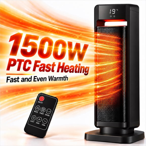 1500W PTC Ceramic Tower Space Heater with Remote Control, Oscillation, Adjustable Thermostat, Timer and 2 Heat Settings, Black