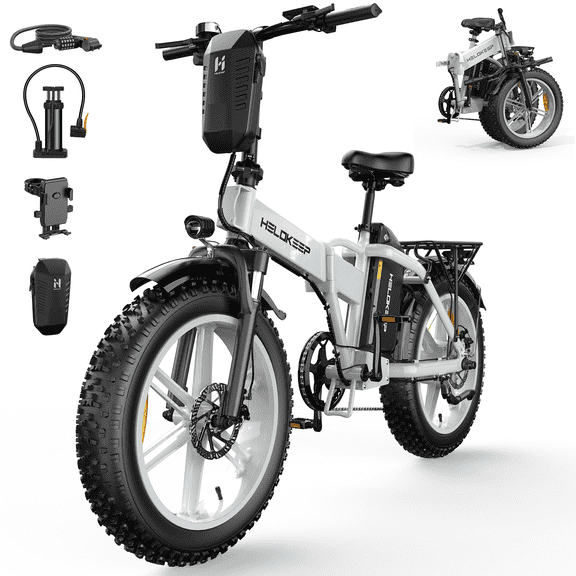 1500W Peak Folding Electric Bike for Adults, 48V 25Ah UL 2849 Certified Battery, 20x4 Fat Tire E-Mountain Bicycle, Shimano 7-Speed, Rear Rack, Up to 30MPH, White