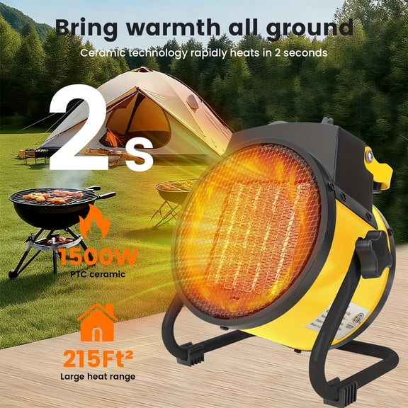1500W Portable Electric Heater, 3S Fast Heating, Overheat Protection, Anti-Slip, Indoor Outdoor Space Heater for Living Room Garage Camping Greenhouse, Yellow Black