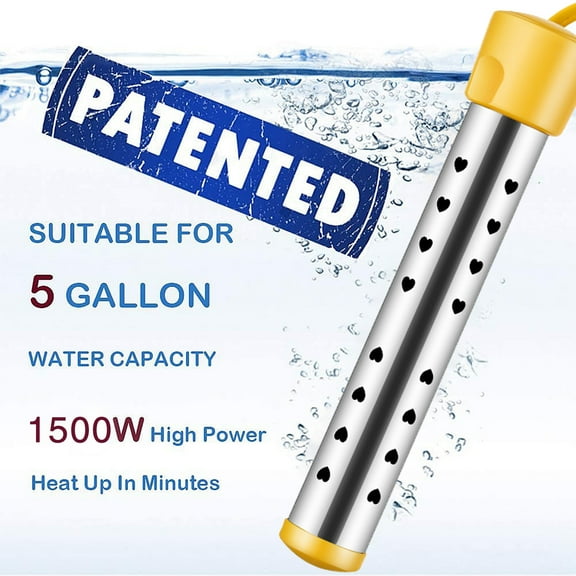 1500W Portable Electric Immersion Water Heater for Plastic Bucket Bathtub Wooden Barrel. Pool Heater with 304 Stainless Steel Guard, Water Warmer Heats 5 Gallons of Water in Rapid Stainless Steel