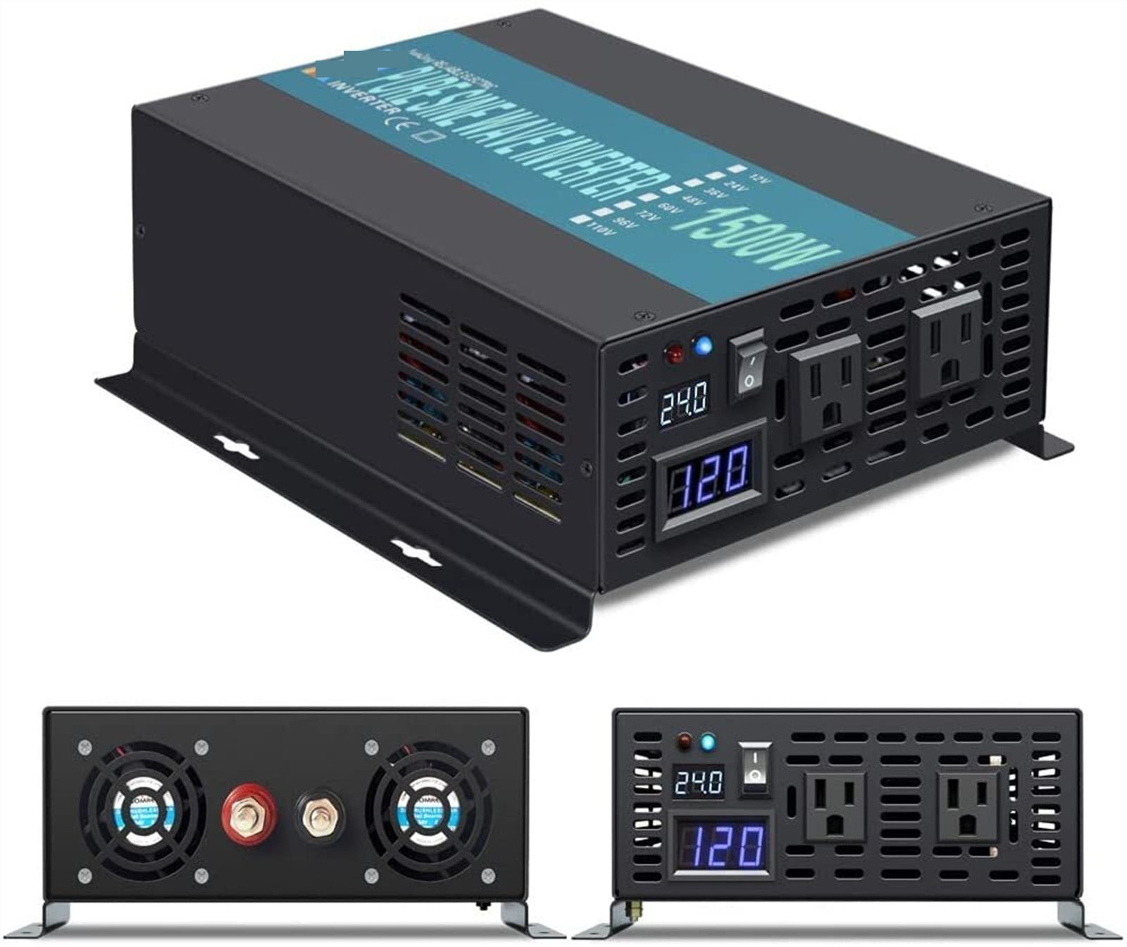 1500W Pure Sine Wave Inverter 24V Backup Power Bank Inverter Solar ...