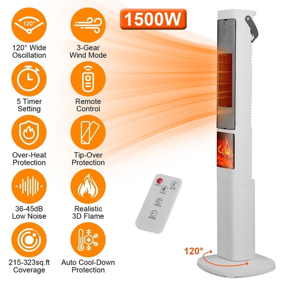 TeqHome 1500W Portable Space Heater,120 Oscillating,3D Flame,3 Wind Modes,Remote,5 Timer,overheat & tip-over Protection for Bedroom Living Room