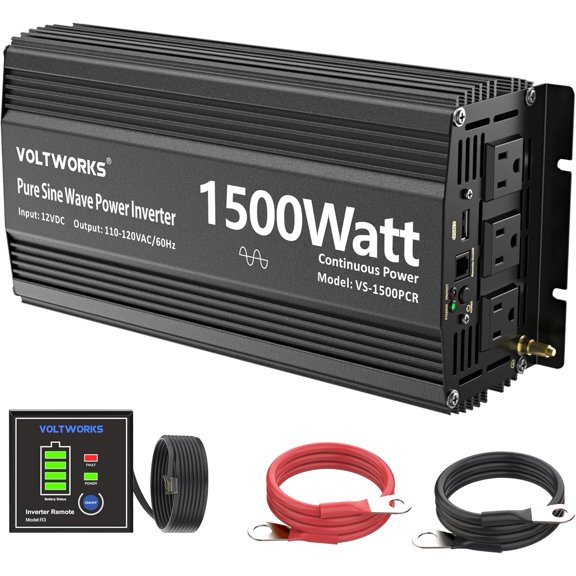 1500Watt Pure Sine Wave Inverter 12V to 110V 120V AC with UL Fuses Compatible with Lithium Battery for Home RV Truck Off-Grid Solar with 15FT Battery Level Monitor Remote