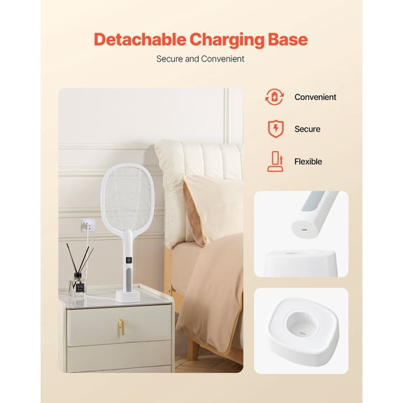 1500mAh High-Capacity Rechargeable Fly Swatter, 3-Layer Enhanced Safety Grid with Bright Display Screen, Quick Charge USB, for Indoor Outdoor Pest Control - White