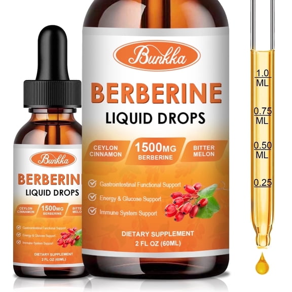1500mg Berberine Liquid Drops - with Ceylon Cinnamon, Bitter Melon, Sugar-Free & Vegan - Berberine Veggie Supplement - 2FL oz by BK