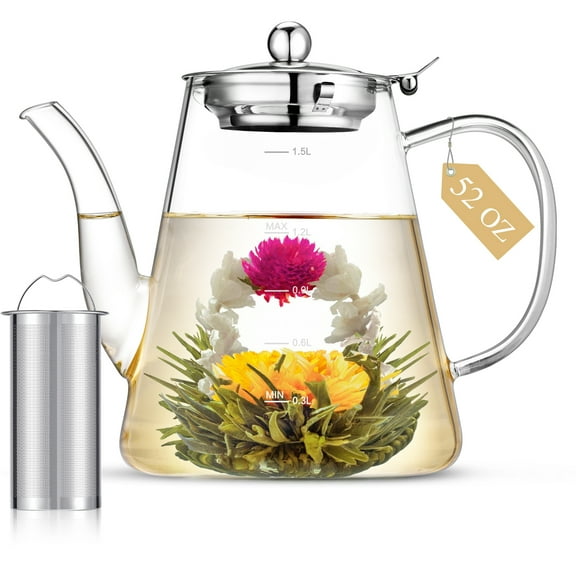 52 oz / 1500 ml Glass Teapot for Blooming and Loose Tea, Teapot with Infusers, Stainless Steel Strainer, Tea Pot for Stove