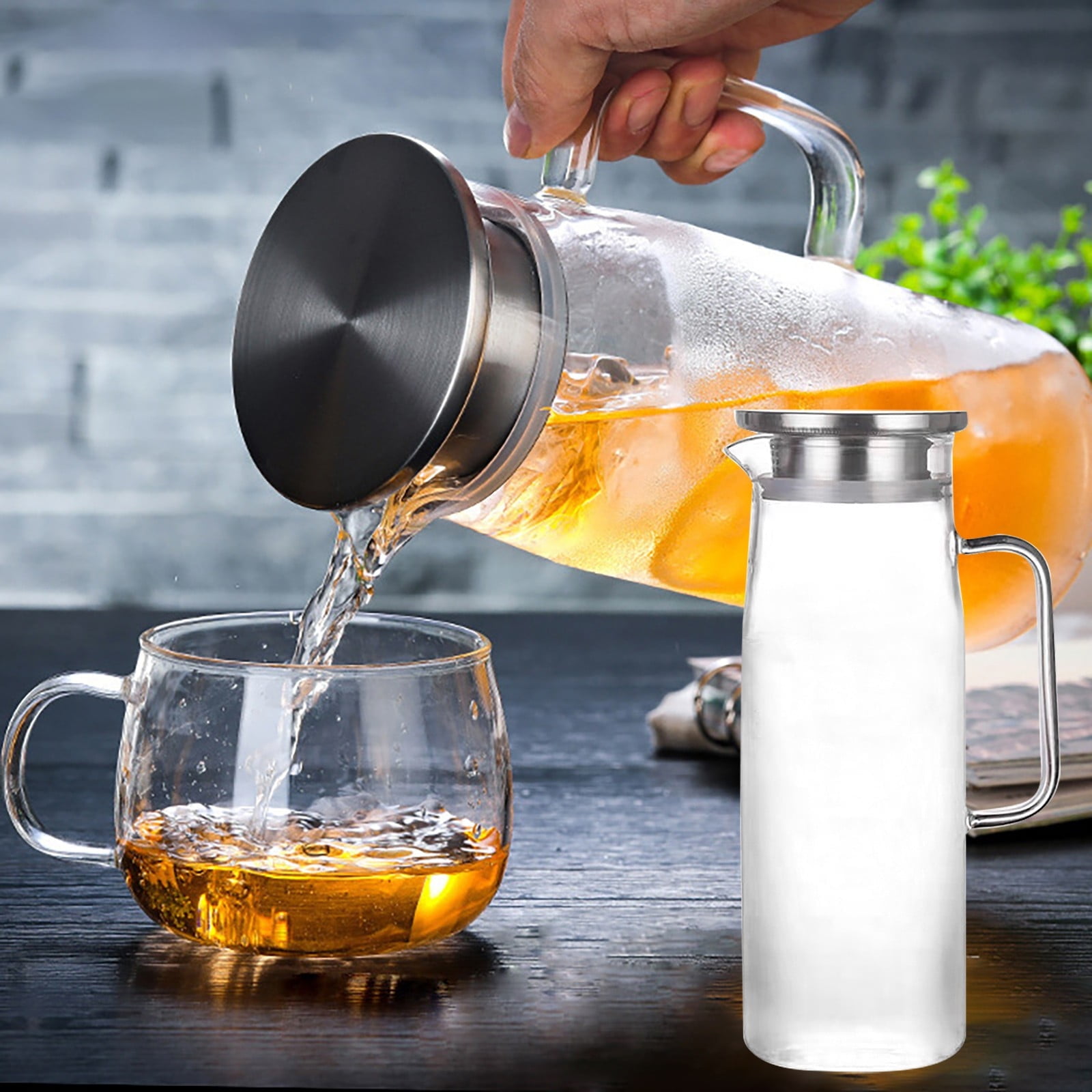 1500ml Glass Water Pitcher With Stainless Steel Lid Great For Juice Milk Beverage Cold Tea Iced Tea/ Cup
