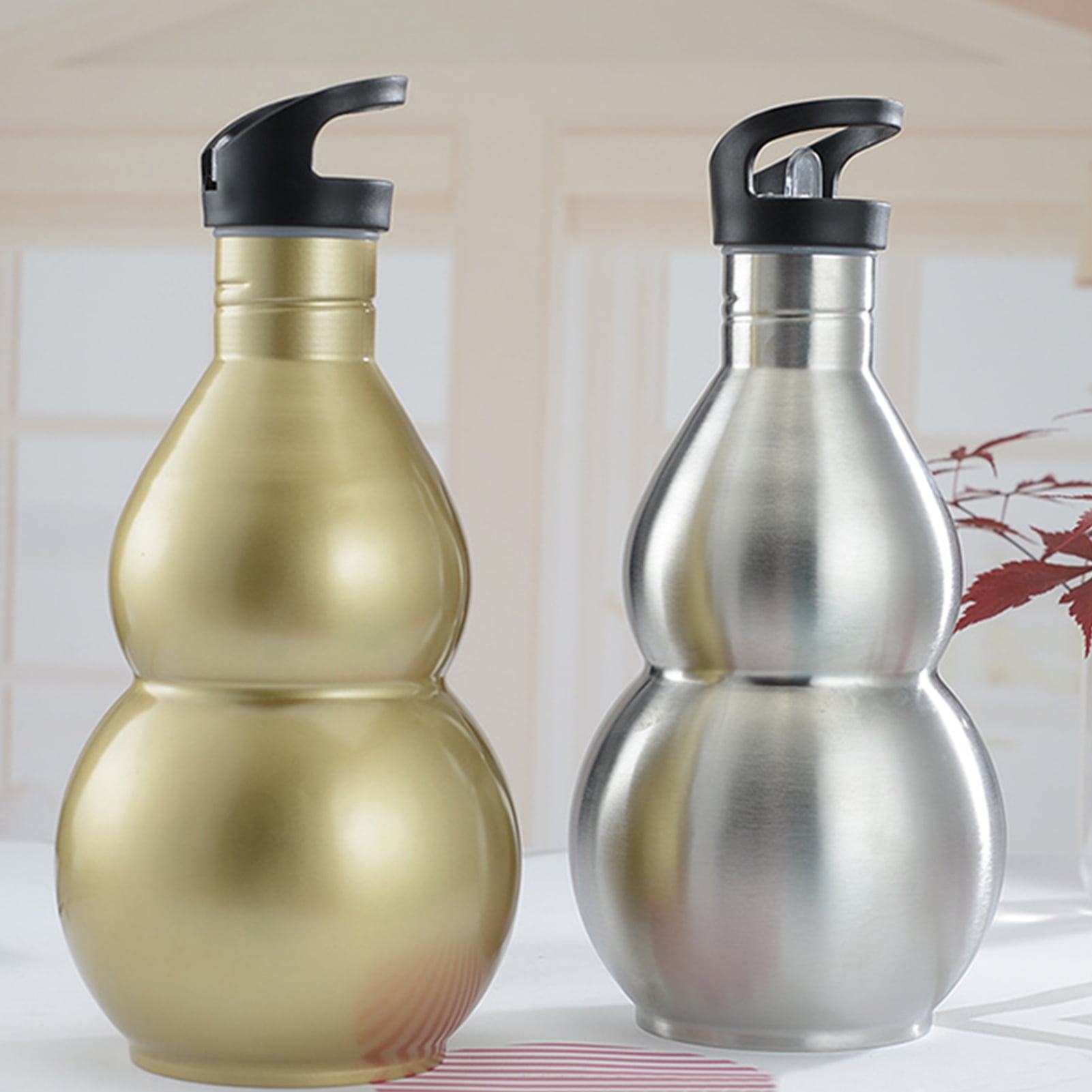 1500ml Stainless Steel Gourd Water Bottle with Straw AntiScald Chinese