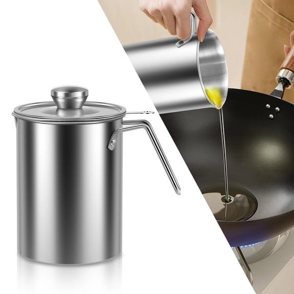 1500ml Stainless Steel Oil Filter Pot With Lid and Handle Large Capacity Oil Filter Vessel Rustproof Oil Strainer Pot for Kitchen Storing Grease Frying Basket