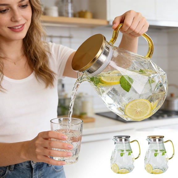 1500ml Thickened Diamond Pattern Glass Water Pitcher with Stainless Steel Lid, Large-Capacity Beverage Carafe, Heat-Resistant Glass Jug for Easter Party, Durable Home Kitchen Drinkware, Gold