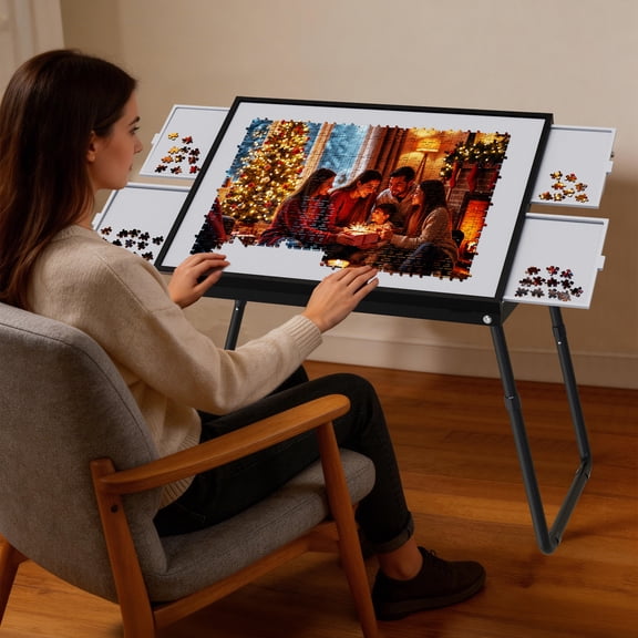 1500pcs Puzzle Table with 4 Drawers, Foldable Jigsaw Puzzle Board for Storage with U-Shaped Legs, 15.35 Inch Height