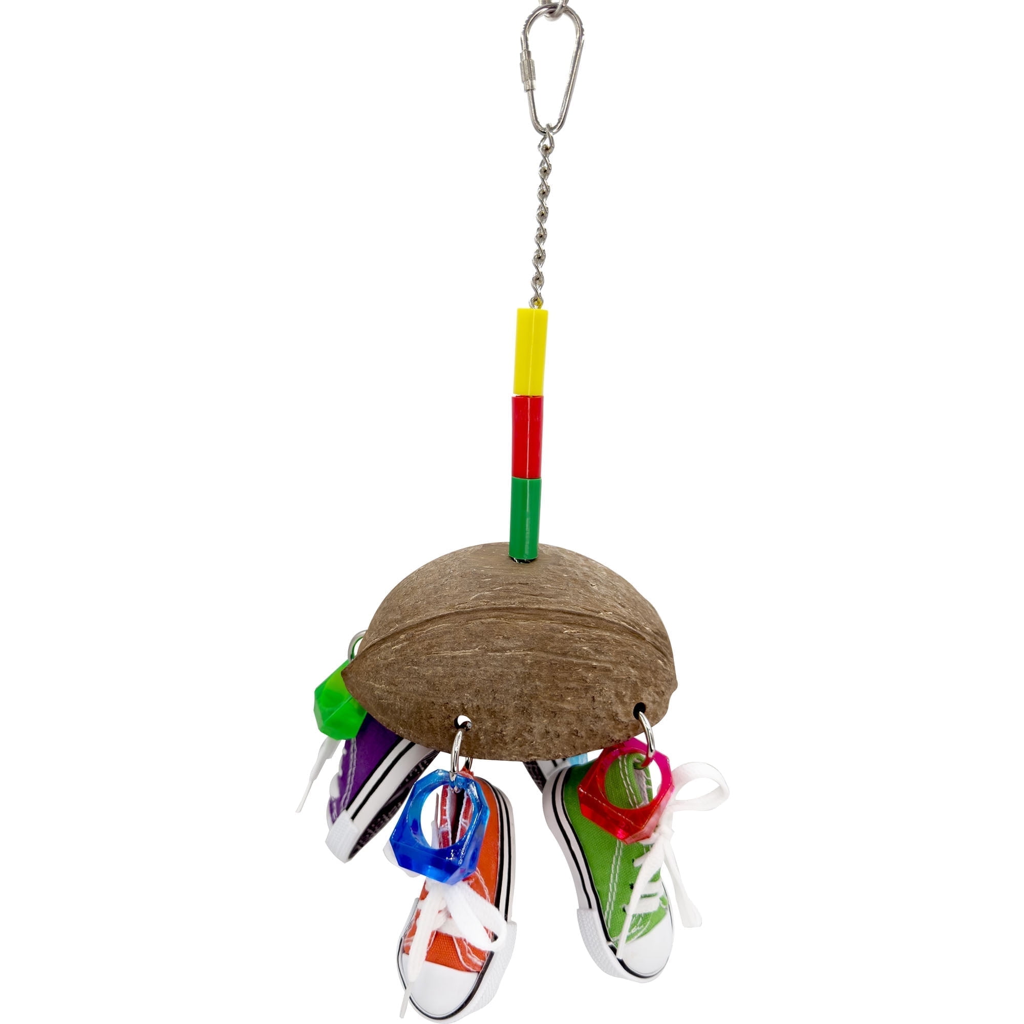 1504 Coconut Ringy Sneaker Bird Toy with Coconut Shell Mini Sneakers Acrylic Rings – Handcrafted by Impeckable Bird Toys – For Medium Birds Chewing Tugging Enrichment Fun