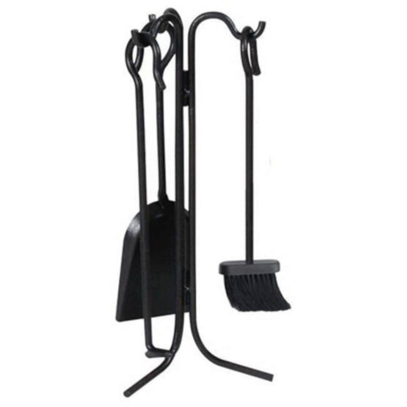 Black Steel 4-Piece Fireplace Tool Set with Brush and Stand