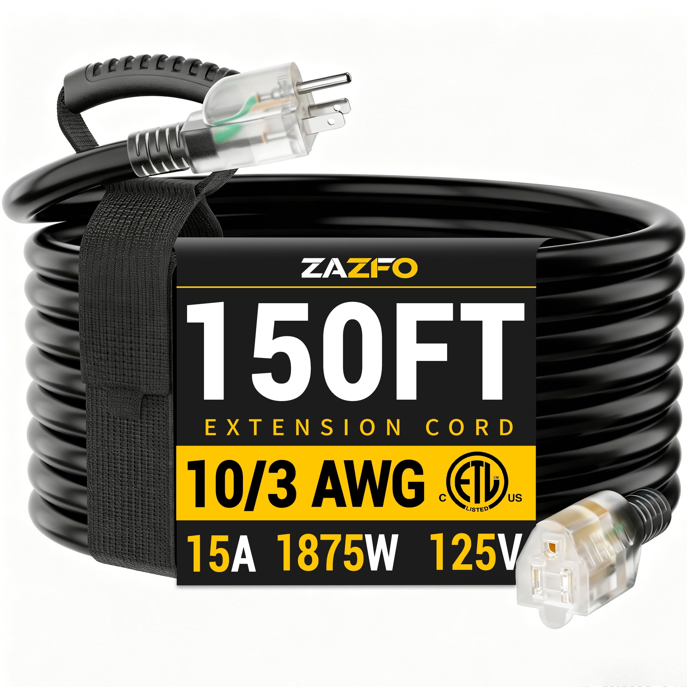 ZAZFO 150ft 10 Gauge Extension Cord, 3 Prong 5-15P to 5-15R, SJTW with Power Indicator Light, Heavy Duty Flexible Durable, Black Waterproof for Outdoor Use