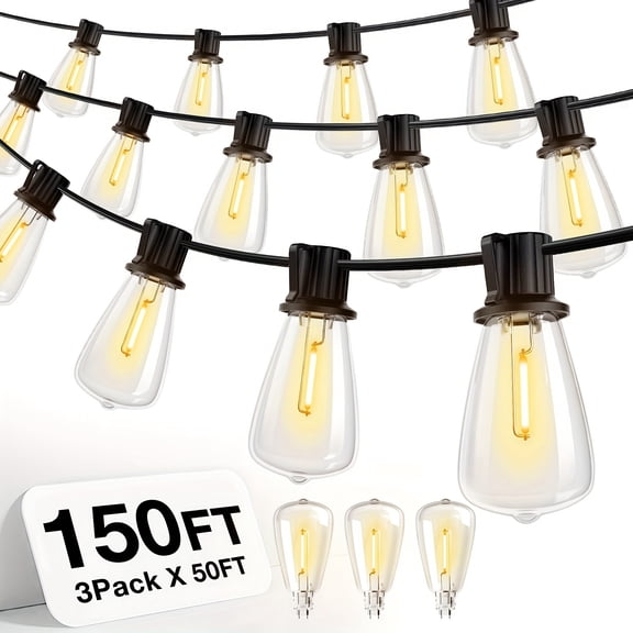 150FT IP54 Waterproof LED Outdoor String Lights - ETL Listed, Shatterproof ST38 Bulbs, Dimmable & Connectable