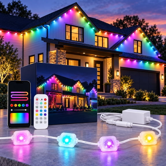 150FT Outdoor Permanent Eave Lights, RGBIC Smart Exterior House Lights with App & Remote, 16 Million Colors, Music Sync, Timer, IP67 Waterproof for Roofline Yard Holiday Decor