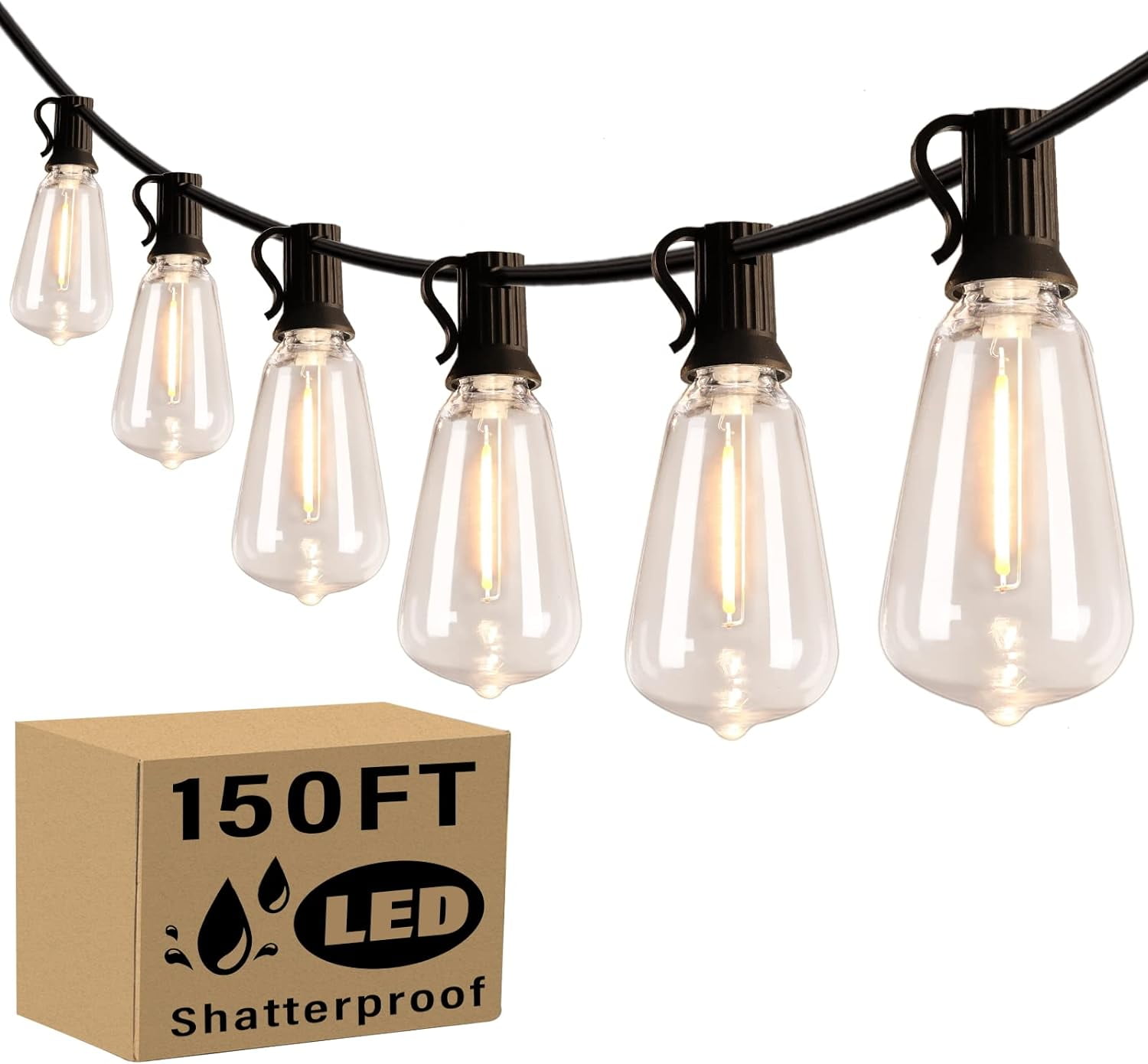 150FT Warm White LED Outdoor String Lights with Shatterproof Bulbs