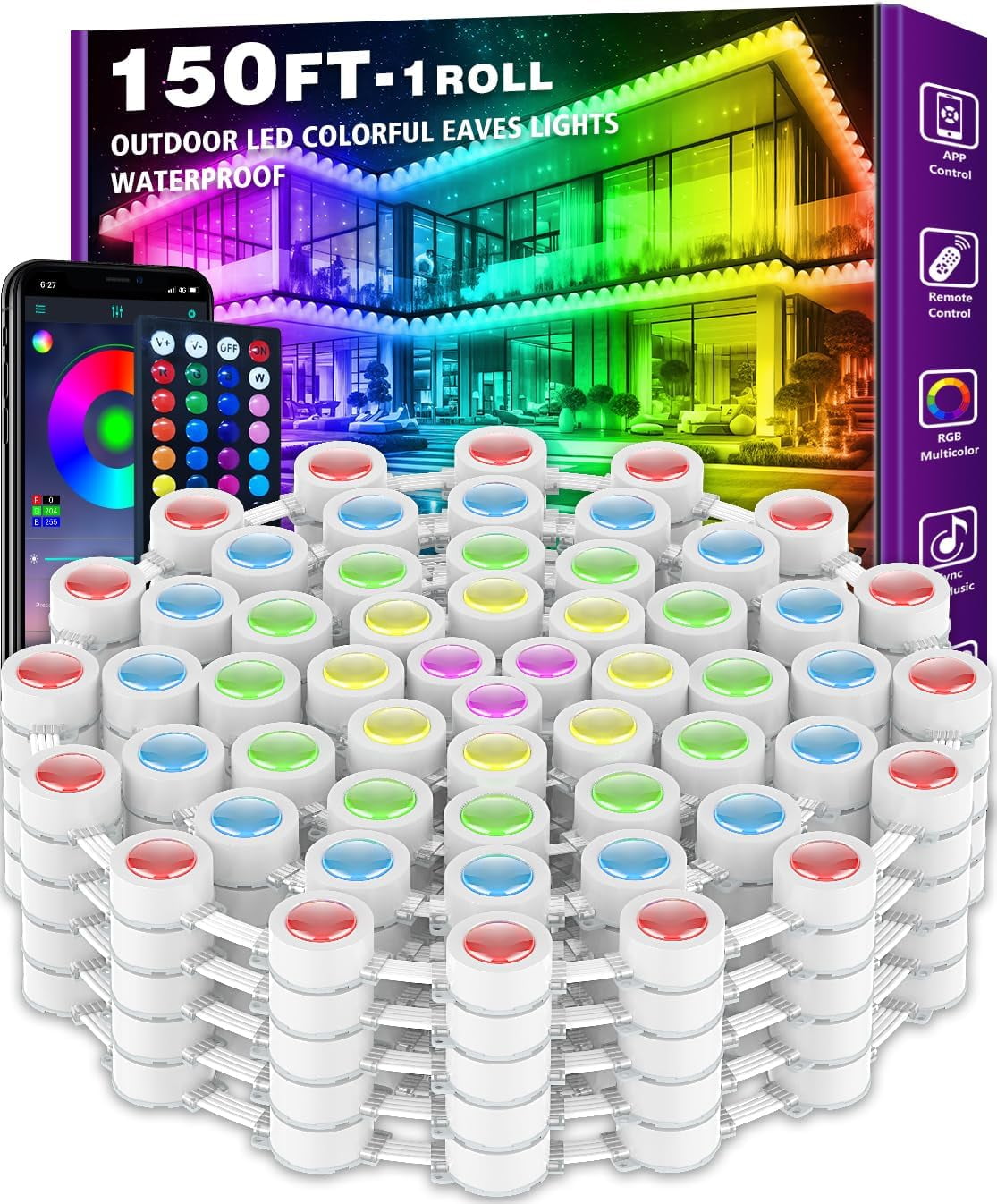 150FT Permanent Outdoor Lights,RGB Eaves Lights with App Control Remote,DIY Scene Modes IP67 Waterproof Outdoor Under Eave Lighting,Outdoor Lights for Outdoor Decor,Garden Decor,House,Party,Holiday