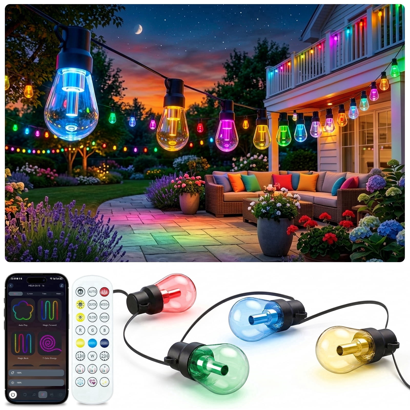 150FT RGB+IC Outdoor String Lights, Outside Light Dimmable Shatterproof LED Bulbs, IP67 Waterproof Chasing Effect Lighting DreamColor Patio Strip Lights for Backyard, Balcony, Outdoor Living