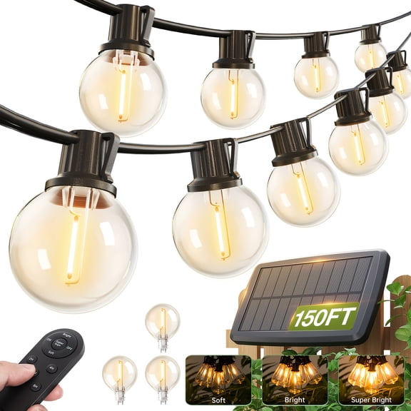 150FT Solar Lights Outdoor IP65 Waterproof With Remote, LED String Lights With Shatterproof G40 Dimmable Globe Bulb