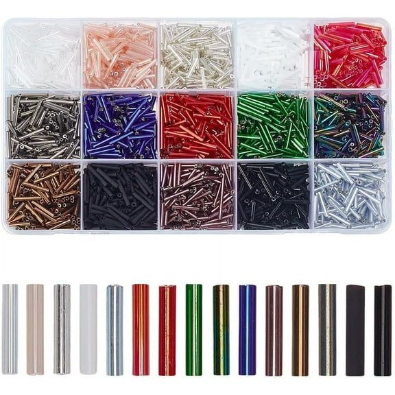 150G 15 Styles Glass Bugle Beads Mixed Color 12x2mm Hole: 0.5mm 10g/style