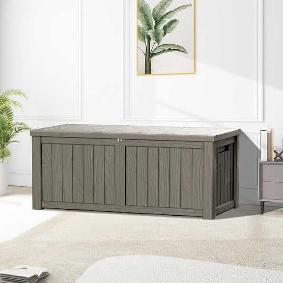 150 Gallon Lockable Resin , Waterproof UV-Resistant Outdoor Storage Box, Heavy Duty Garden Tool Organizer for Patio Storage, Pool Accessories, Outside Storage (Grey)