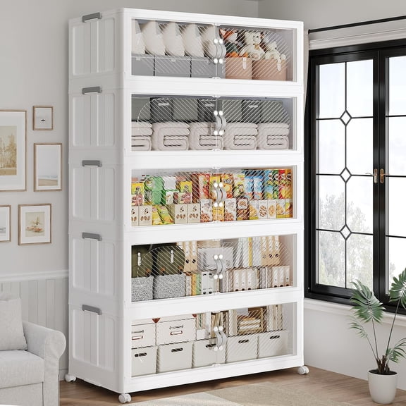 150GAL Plastic Storage Bins with Lid, 600QT Extra Large Stackable Closet Organizers and Storage, Collapsible Storage Boxes with Wheels, Folding Cabinet for Home Kitchen Office, 5Pack White