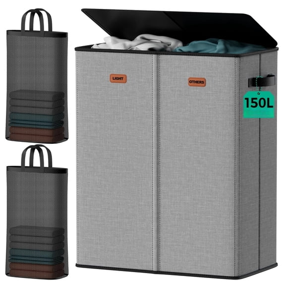 Comparrtment 150L 2-Section Laundry Hamper with Lid – Removable Bag, Double ...
