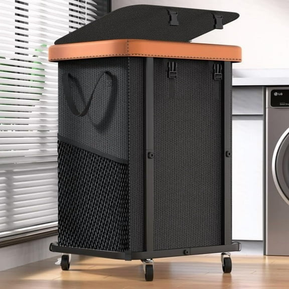 150L (40 Gal) Large Fashion Laundry Basket with Wheels, Leather Patchwork Rolling Hamper Carts, Sturdy Frame, Removable Washable Bag, Tall Clothes Sorter for , Laundry Room - Black