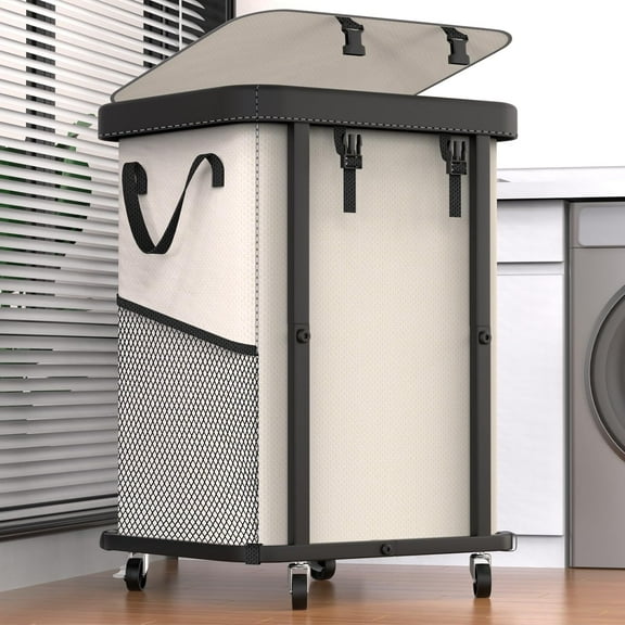 150L (40 Gal) Large Fashion Laundry Basket with Wheels, Leather Patchwork Rolling Hamper Carts, Sturdy Metal Frame, Removable Washable Bag, Tall Clothes Sorter for Bedroom, Laundry Room, Dorm - Beige