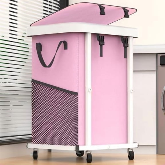 150L (40 Gal) Large Fashion Laundry Basket with Wheels, Leather Patchwork Rolling Hamper Carts, Sturdy Metal Frame, Removable Washable Bag, Tall Clothes Sorter for Bedroom, Laundry Room - Pink