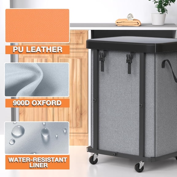 150L (40 Gal) Large Fashion Laundry Basket with Wheels, Leather Patchwork Rolling Hamper Carts, Sturdy Metal Frame, Removable Washable Bag, Tall Clothes Sorter for Bedroom, Laundry Room, Dorm - Gray