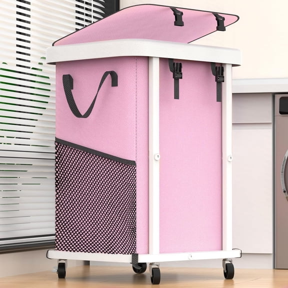 150L (40 Gal) Large Fashion Laundry Basket with Wheels, Leather Patchwork Rolling Hamper Carts, Sturdy Metal Frame, Removable Washable Bag, Tall Clothes Sorter for Bedroom, Laundry Room - Pink