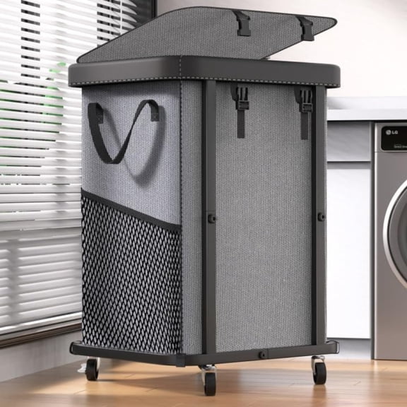 150L 40 Gal Large Fashion Laundry Basket with Wheels Leather Patchwork Rolling Hamper Carts Sturdy Metal Frame Removable Washable Bag Tall Clothes Sorter for Bedroom Laundry Room - Gary