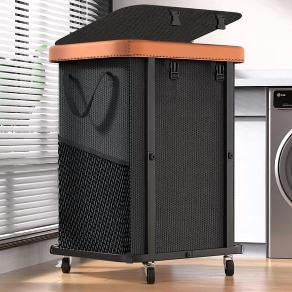 150L (40 Gal) Large Fashion Laundry Basket with Wheels, Leather Patchwork Rolling Hamper Carts, Sturdy Metal Frame, Removable Washable Bag, Tall Clothes Sorter for Bedroom, Laundry Room - Black