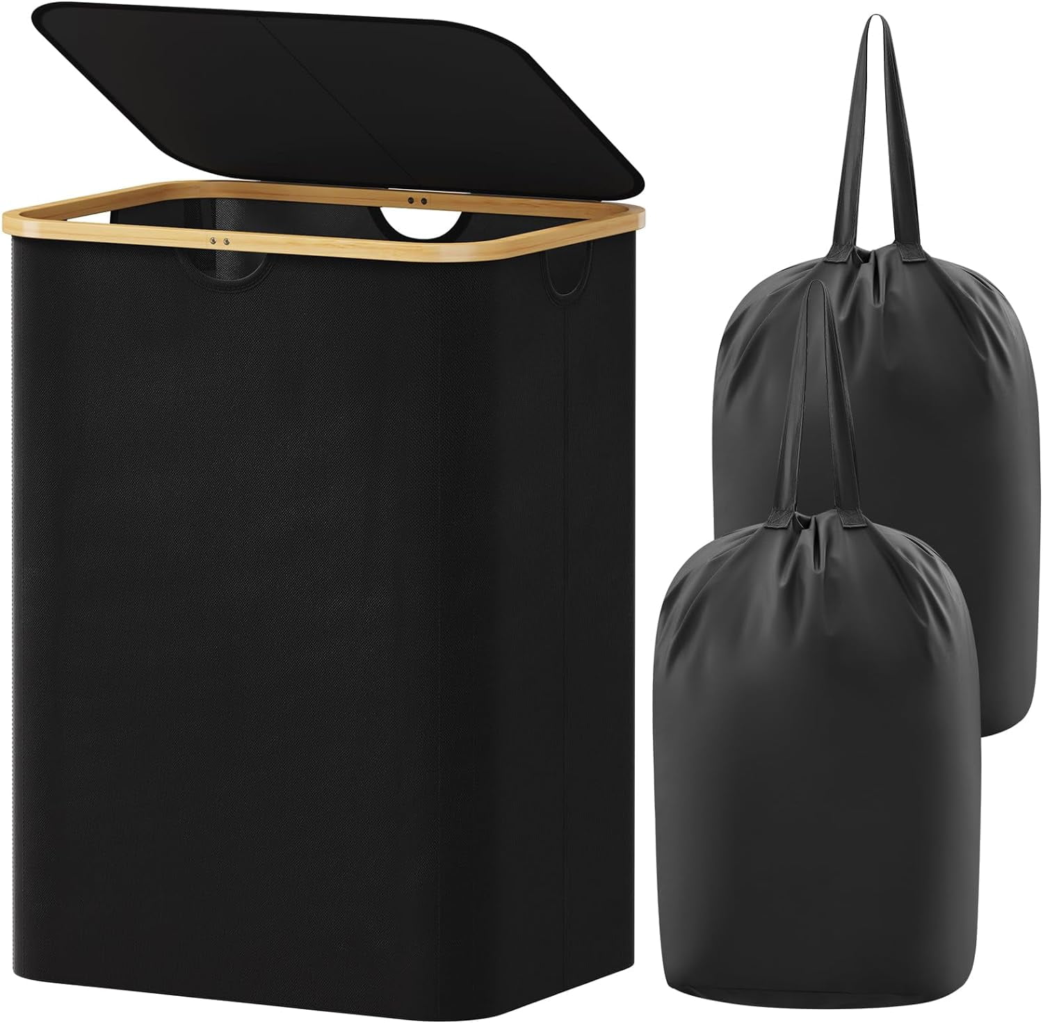 150L Laundry Basket with Lid, Clothes Hampers with Bamboo Handles and 2 ...