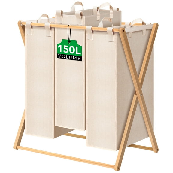 150L Laundry Hamper,Collapsible Laundry Basket,Bamboo Clothes Hamper,Foldable Hamper for Bedroom, Laundry Room, Bathroom, Beige