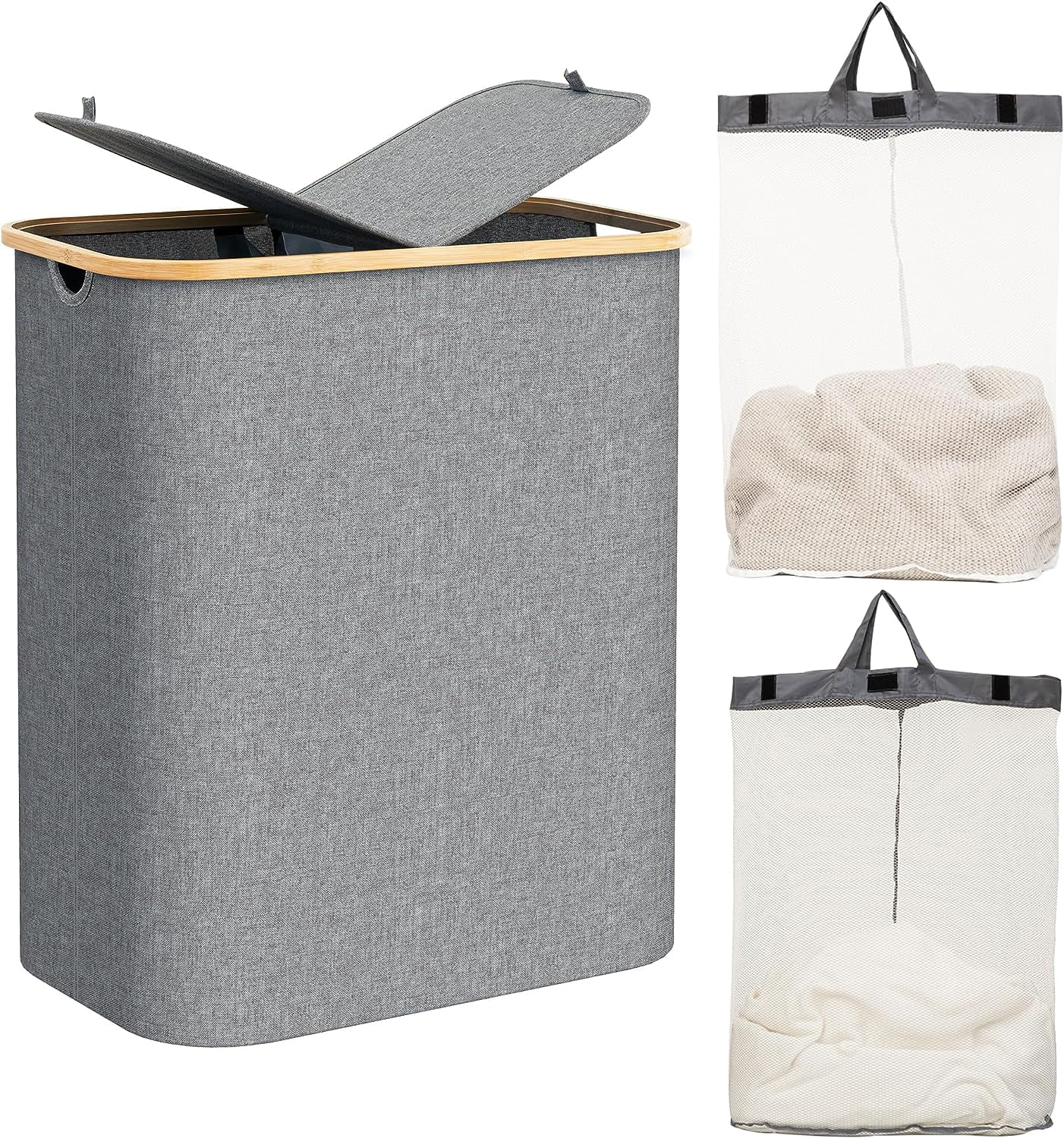 150L Laundry Hamper with LidLarge Laundry Basket with Bamboo Handles, Gray Hampers for Laundry