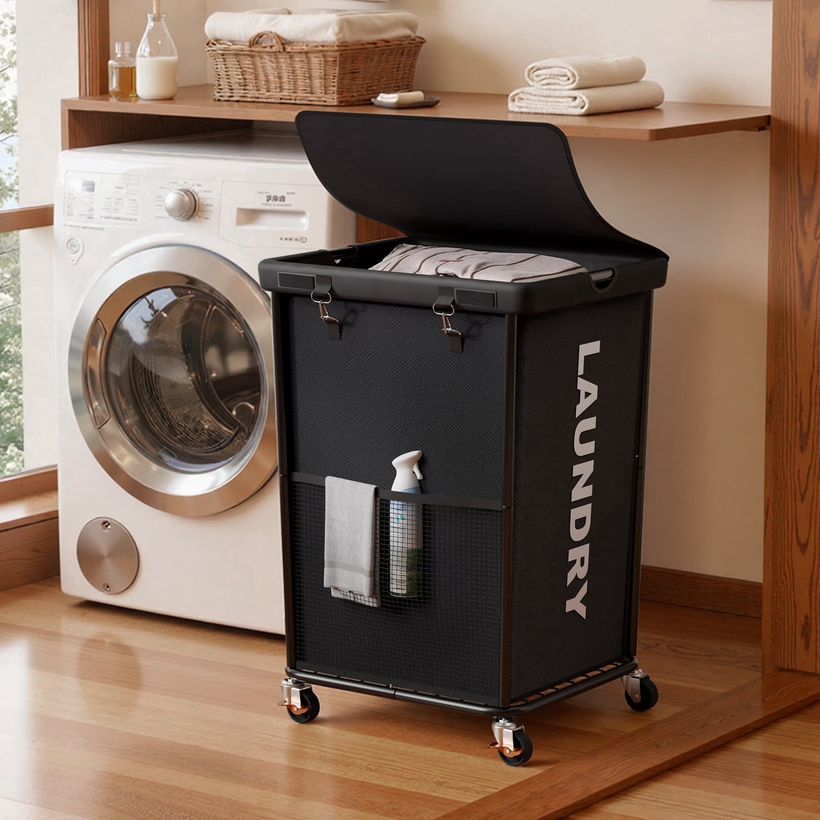 150L Laundry Hamper with Wheels, Rolling Laundry Basket with Metal Frame and Removable Bag, Large & Tall Dirty Clothes Hampers for Bedroom Aesthetic, Laundry Room, Bathroom, Dorm-Black